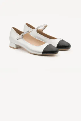 SILVER MARY JANE BLOCK HEEL PUMPS ROUND TOE CLASSIC TWO TONE SHOES